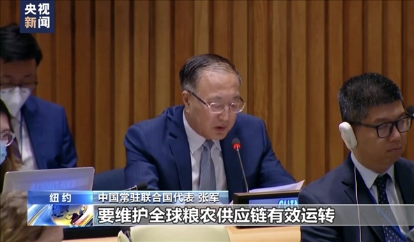 △2022年7月，第76屆聯(lián)合國(guó)大會(huì)舉行高級(jí)別特別會(huì)議。“全球發(fā)展倡議之友小組”就糧食安全問(wèn)題闡述小組成員共同立場(chǎng)。