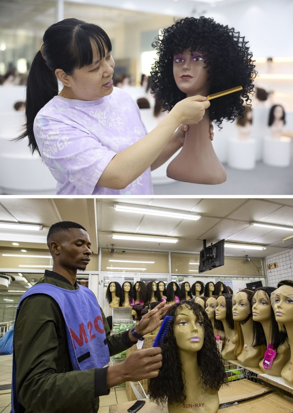 拼版照片：上圖為2023年5月25日，工人在湖南邵陽陽光發(fā)品有限公司展廳展示假發(fā)（新華社記者薛宇舸攝）；下圖為2023年6月9日，一名店員在湖南邵陽陽光發(fā)品有限公司位于南非約翰內(nèi)斯堡的店鋪內(nèi)展示假發(fā)（新華社記者張譽東攝）。新華社發(fā)