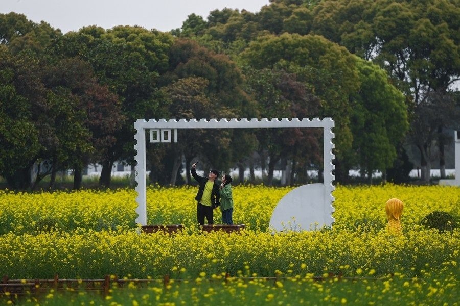  游客在浙江嘉興市秀洲區(qū)王店鎮(zhèn)鎮(zhèn)中村的“青青樂地”農(nóng)耕文化園內(nèi)游玩（2023年4月3日攝）。