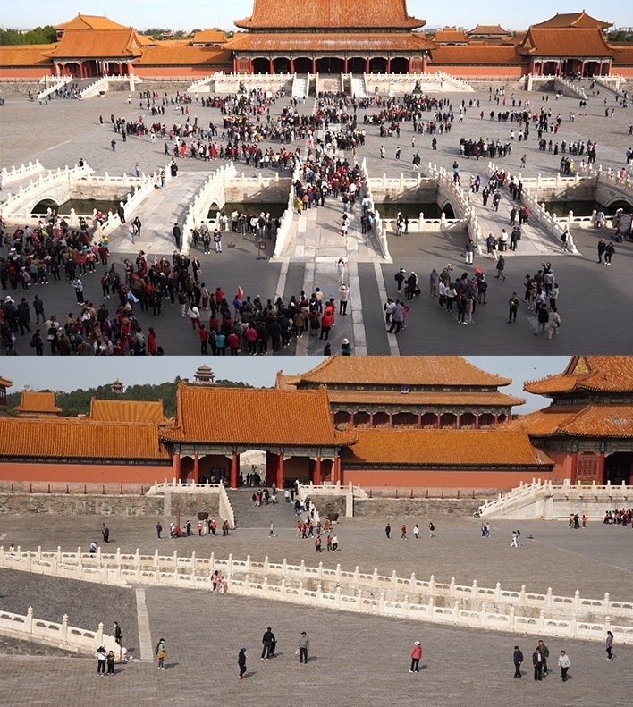 上午9時(shí)和下午13時(shí)的太和門(mén)廣場(chǎng)客流對(duì)比。故宮博物院供圖