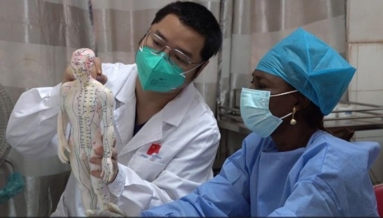 嘉興市中醫(yī)醫(yī)院郝亞波給當(dāng)?shù)刂种v解中醫(yī)經(jīng)絡(luò)。新華社發(fā)