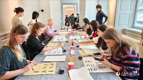 瑞典書法愛好者專心學(xué)習(xí)書法。人民網(wǎng)記者 殷淼攝