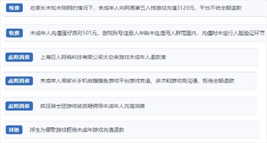 網(wǎng)友涉及“熊孩子”氪金相關(guān)投訴問題。（“人民投訴”用戶投訴截圖）