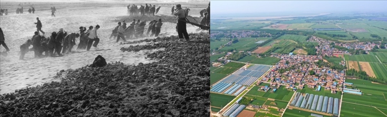 拼版照片：左圖為蘭考群眾在拉淤土壓沙（新華社記者 鄧歷耕 攝）；右圖為2024年4月25日拍攝的蘭考縣張莊村（無人機(jī)照片，新華社記者 郝源 攝）。