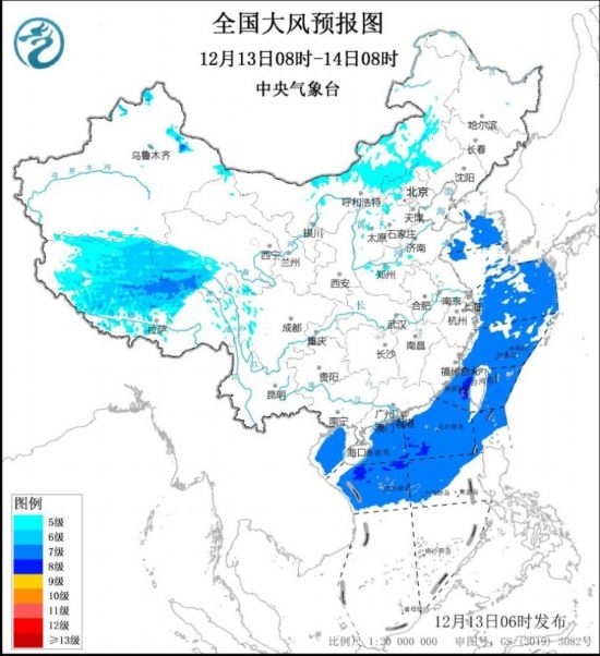全國(guó)大風(fēng)預(yù)報(bào)圖(12月13日08時(shí)-14日08時(shí)) 圖片來源:中央氣象臺(tái)網(wǎng)站