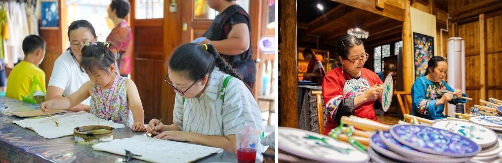 左圖：近期，游客在黎平縣肇興侗寨體驗非遺蠟染藝術(shù)（黎平縣委宣傳部供圖）；右圖：這是2024年拍攝的繡娘在十八洞村梨子寨苗繡鄉(xiāng)村振興示范基地制作苗繡產(chǎn)品（湘西州委宣傳部供圖）。